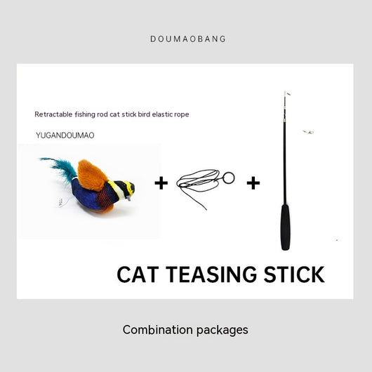 Red plush bird cat toy on a long steel wire stick with an elastic rope, designed for interactive pet play. - Image 18