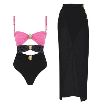 Pink, black, and dark gray color-block one-piece swimsuit with gold round buckles and a sheer black maxi skirt. - Image 3