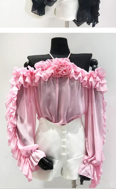 Blusa Chiffon Hombros Descubiertos Manga Larga - Image 6