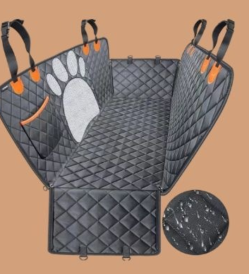 Black quilted pet car seat cover in a hammock style, featuring side flaps, storage pockets, and a mesh window. - Image 10