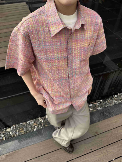 Camisa Cuadriculada Seersucker Suelta para Hombre - Manga Corta Verano - Image 25