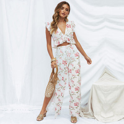 Conjunto Elegante: Blusa Chifón Volantes Escote V + Pantalón Ancho con Aberturas - Image 8