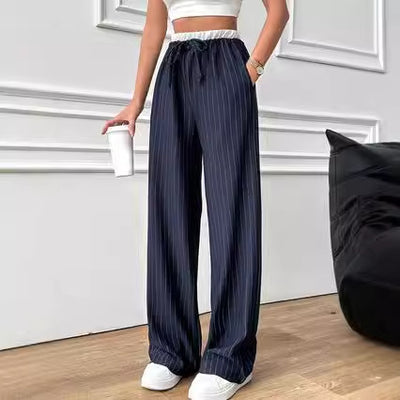 Pantalón Casual de Cintura Alta con Rayas Verticales y Contraste de Colores - Image 2