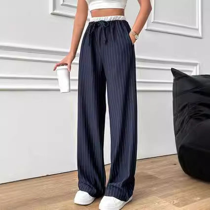 Pantalón Casual de Cintura Alta con Rayas Verticales y Contraste de Colores - Image 2