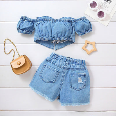 Conjunto de Shorts y Top Denim Rotos para Niñas - Image 2