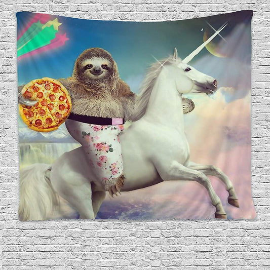 Funny tapestry featuring a sloth in floral shorts riding a white unicorn while holding a pepperoni pizza, against a colorful sky.