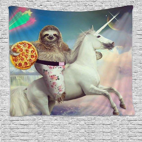 Funny tapestry featuring a sloth in floral shorts riding a white unicorn while holding a pepperoni pizza, against a colorful sky.