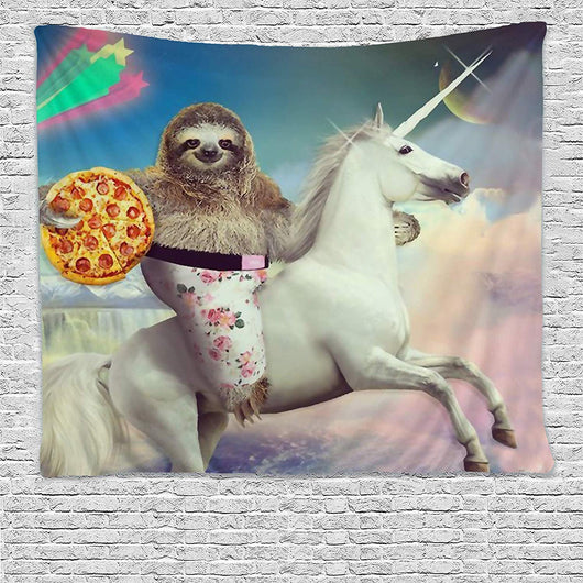 Funny tapestry featuring a sloth in floral shorts riding a white unicorn while holding a pepperoni pizza, against a colorful sky.