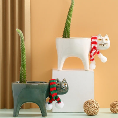 Maceta Decorativa de Cerámica con Diseño de Gato y Cactus - Image 3