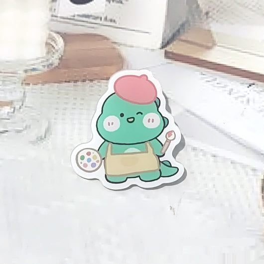 Cute green cartoon dinosaur acrylic badge brooch with a shy expression and small spikes on its back. - Image 22