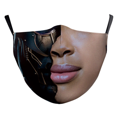 Halloween dust mask with a split design, featuring half a human face with pink lips and half a dark robotic face. - Image 23