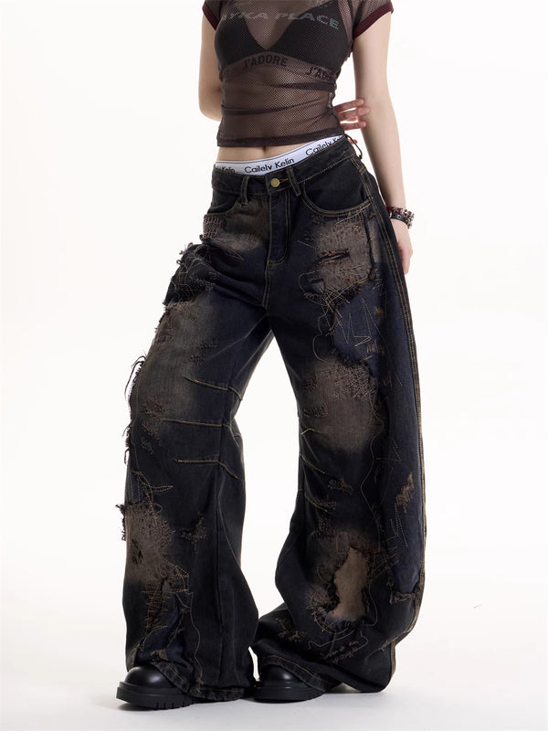 Jeans Rotos Tie-Dye Negro Estilo Retro Hot Girl