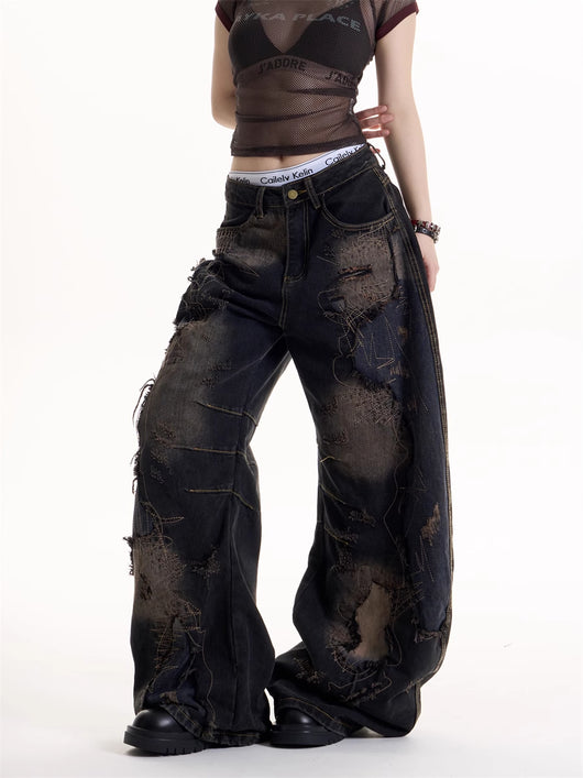 Jeans Rotos Tie-Dye Negro Estilo Retro Hot Girl - Image 2