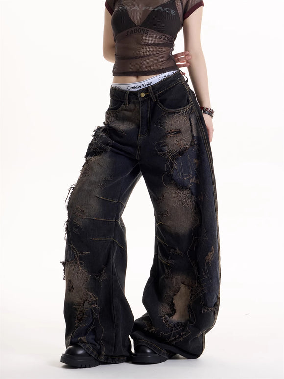 Calça Jeans Rasgada Tie-Dye Preta Estilo Retrô Hot Girl