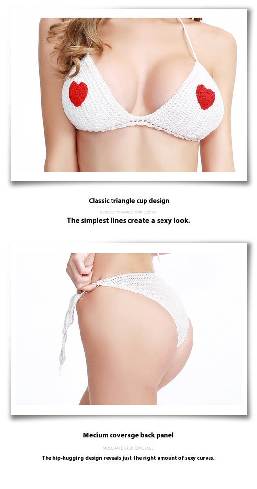 White crochet bikini with red heart appliques on the bra cups and tie-side bottoms, modeled by a woman. - Image 9