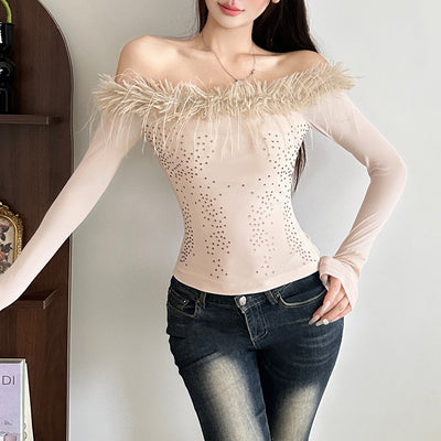Blusa Manga Larga con Cuello Bardado y Costuras Decorativas
