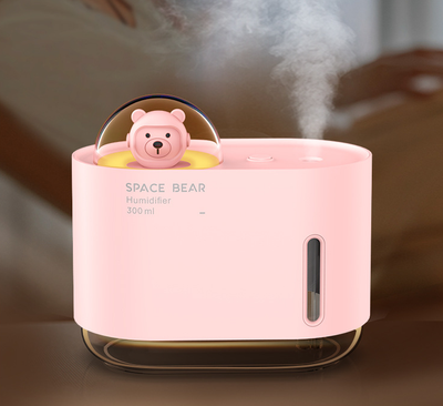 White square humidifier with a clear base, featuring a cute white bear figure in a clear dome, labeled "SPACE BEAR Humidifier 300 ml". - Image 15