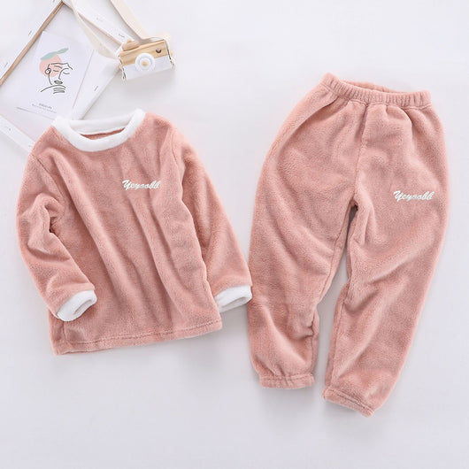 Reddish-brown coral velvet children's loungewear set with a long-sleeved top and matching pants, featuring white trim. - Image 3