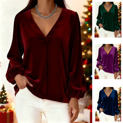 Blusa de Terciopelo con Cuello V y Mangas Linterna - Elegancia Luxuosa - Image 2