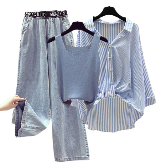 Conjunto de 3 Piezas: Camisa a Rayas, Blusa y Jeans Anchos - Image 5