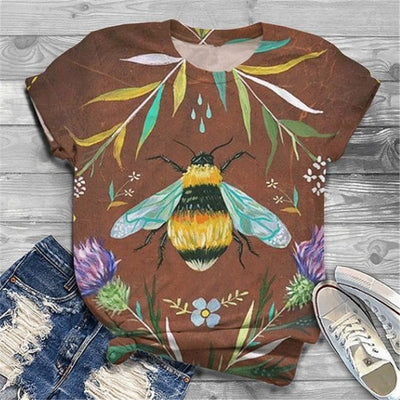 Playera Casual Estampado de Abejas Cuello Redondo Manga Corta Suelta para Mujer - Image 9