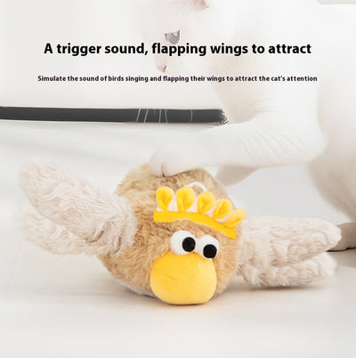 Plush electric bird cat toy with brown body, white wings, yellow beak, and googly eyes. Includes charging cable and catnip. - Image 8