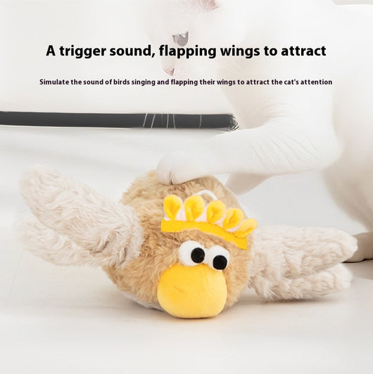 Plush electric bird cat toy with brown body, white wings, yellow beak, and googly eyes. Includes charging cable and catnip. - Image 8
