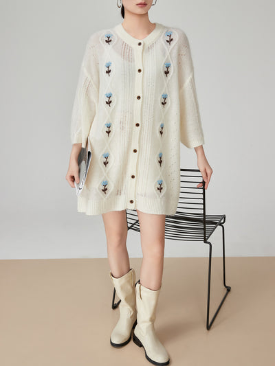 Cardigan Tejido Blanco con Bordado Floral y Mangas Cortas para Mujer - Image 10