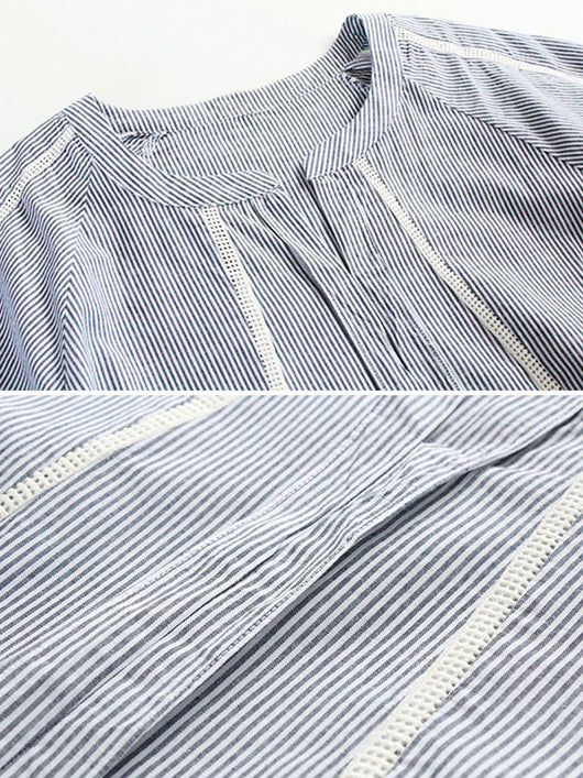 Camisa Casual de Rayas con Parches V-Neck - Image 9
