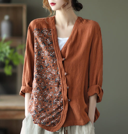 Chaqueta Étnica Retro Suelta Cuello V Manga Larga