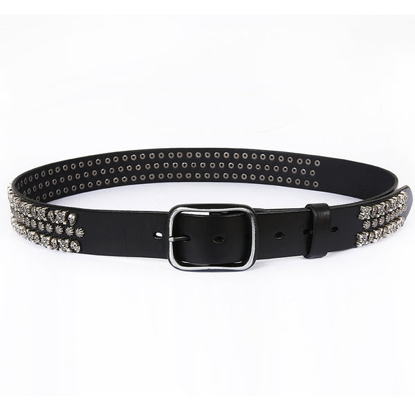 Cinturón de Cuero Genuino para Hombre Estilo Punk con Remaches y Calavera