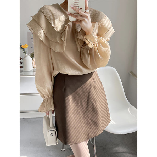 Blusa Retro Francesa Manga Larga con Volantes de Pétalos para Mujer