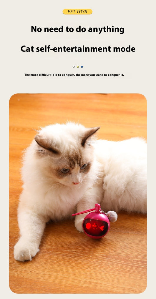 Rose red and black spherical cat toy with a grey pom-pom and suction cup base for self-play. - Image 18