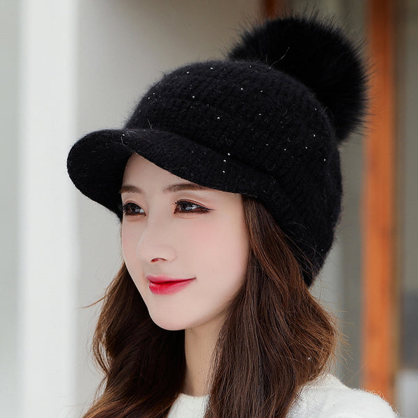 Gorro de Lana Cálido con Pompón de Pelaje de Conejo y Terciopelo