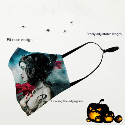 Beige double-layer dust mask with ear hooks, featuring a digital print of a wide, creepy smile with white teeth and red gums.