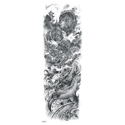 Full arm temporary tattoo sticker with a black, red, and light blue tribal design, featuring abstract shapes and patterns. - Image 22