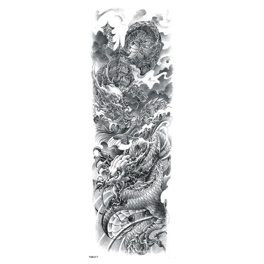 Full arm temporary tattoo sticker with a black, red, and light blue tribal design, featuring abstract shapes and patterns. - Image 22
