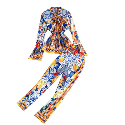 Conjunto Retro Elegante: Blusa Estampada + Pantalón Ancho de Cintura Alta - Image 10