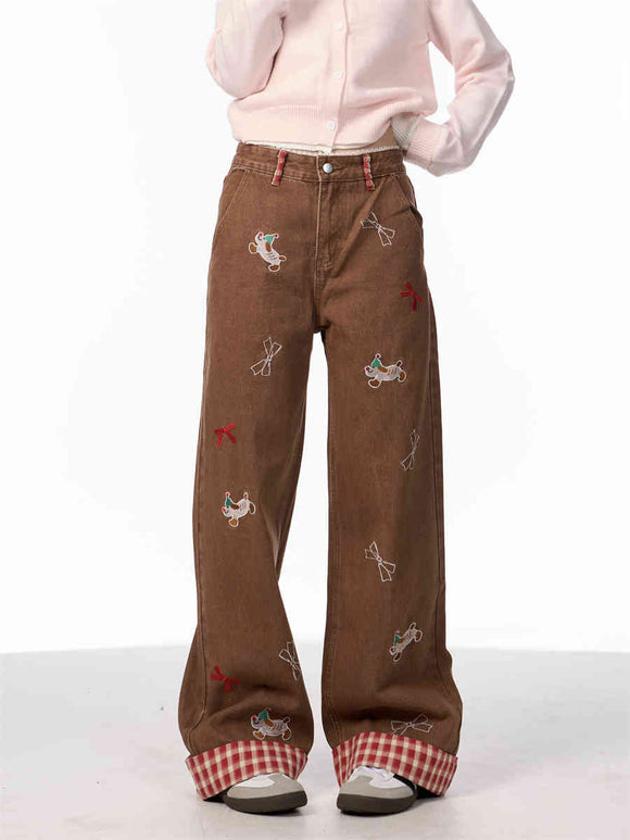 High-Waisted Wide-Leg Jeans with Vintage Bow Embroidery