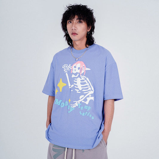 Camiseta Suelta Estampado Calavera Manga Corta Unisex