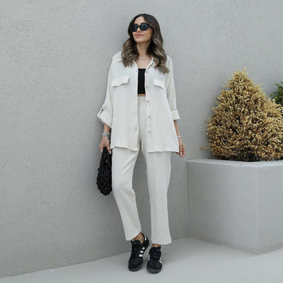 Conjunto de Blusa y Pantalón Holgado de Manga Larga Color Sólido para Mujer - Image 13