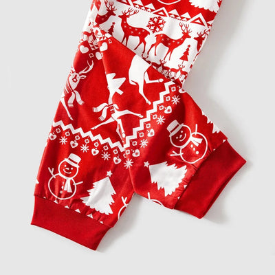 Red and white matching family Christmas pajamas with cartoon reindeer, Christmas trees, and snowman patterns. - Image 16