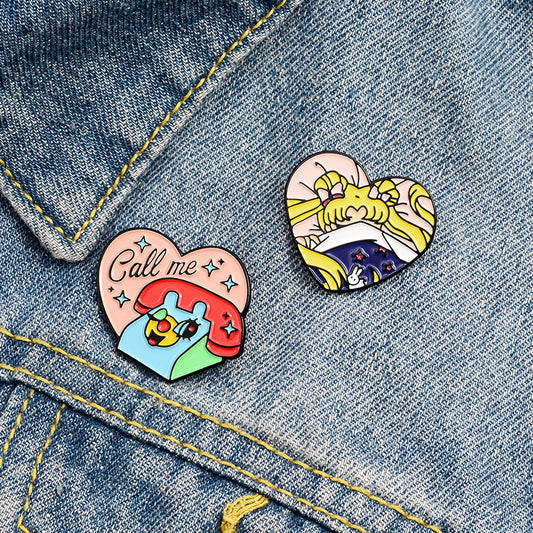 Broche Teléfono Retro Corazón Rosa - Diseño Cute Vintage
