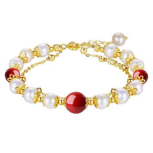 Pulsera Doble Capa de Plata Esterlina con Granate Rojo y Perla de Agua Dulce para Mujer - Image 4