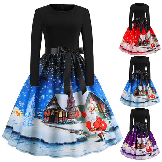 Vestido Retro Navideño Amplio de Manga Larga