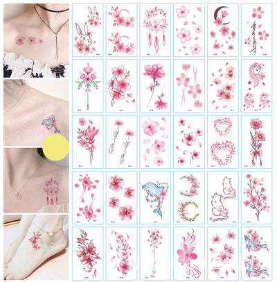 Set of 30 temporary tattoo stickers featuring pink and purple butterflies, flowers, bunnies, and moon designs. - Image 26