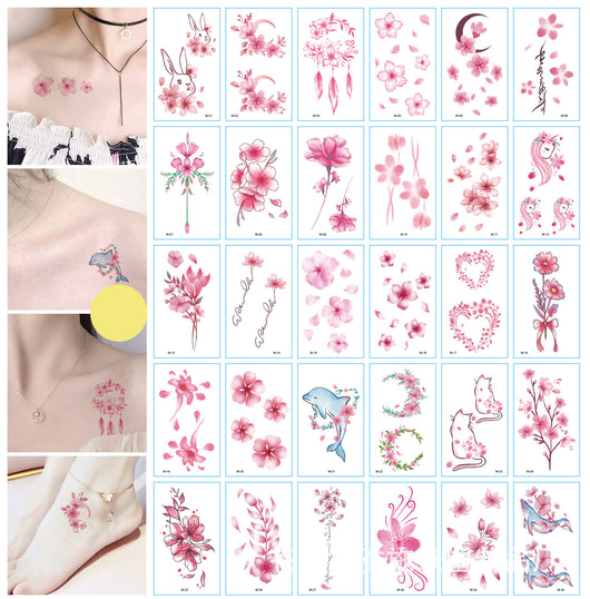 Set of 30 temporary tattoo stickers featuring pink and purple butterflies, flowers, bunnies, and moon designs. - Image 26