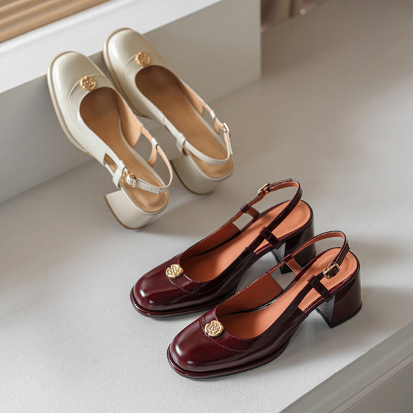 Sandalias Slingback con Tacón Grueso y Puntera Reforzada en Cuero