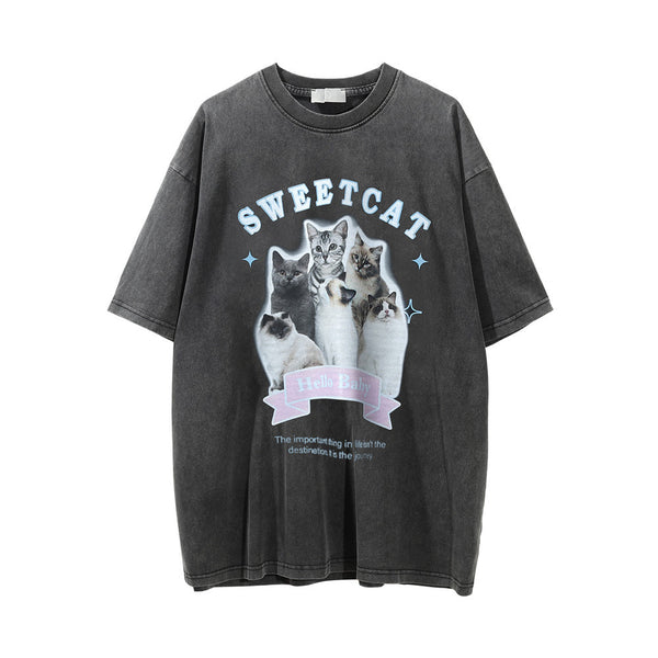 Camiseta Estampado Gatito Efecto Desgastado Manga Corta para Hombre