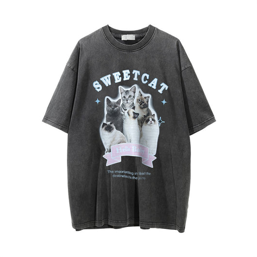 Camiseta Estampado Gatito Efecto Desgastado Manga Corta para Hombre